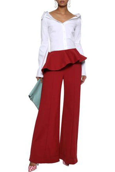 Shop Rosie Assoulin Woman Bearded Iris Cotton-blend Peplum Wide-leg Pants Brick