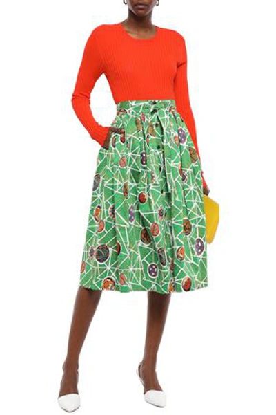Shop Stella Jean Gathered Cotton-blend Midi Skirt In Leaf Green