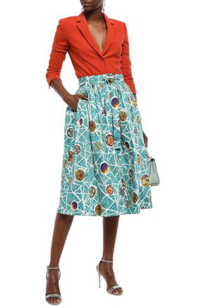 Shop Stella Jean Woman Gathered Cotton-blend Midi Skirt Turquoise