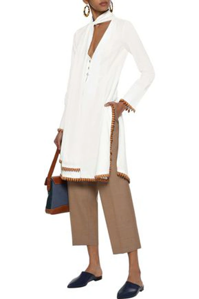 Shop Rosie Assoulin Woman Tie-neck Bead-embellished Cotton And Ramie-blend Tunic White