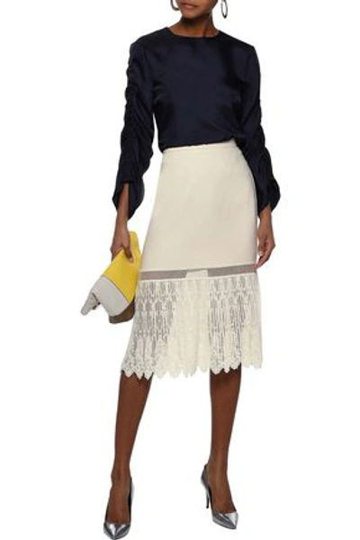 Shop Stella Mccartney Pleated Embroidered Tulle-paneled Crepe Skirt In Cream