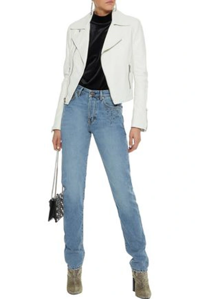 Shop Saint Laurent Woman Studded High-rise Slim-leg Jeans Mid Denim