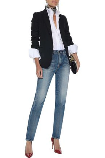 Shop Saint Laurent Woman Embroidered Mid-rise Straight-leg Jeans Mid Denim