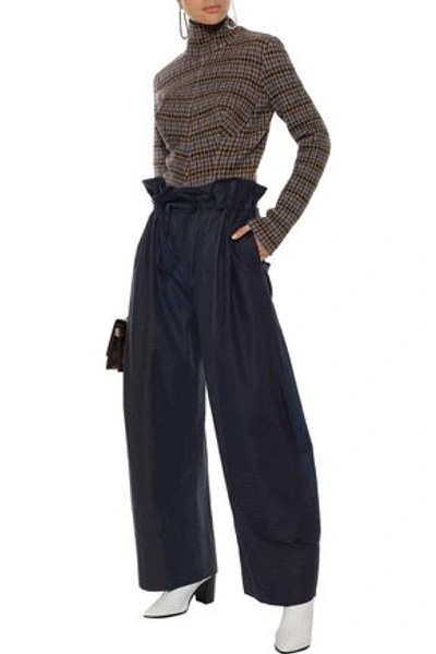 Shop Stella Mccartney Woman Benni Gathered Checked Cotton-poplin Wide-leg Pants Navy