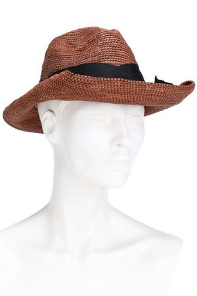 Shop Sensi Studio Bow-embellished Grosgrain-trimmed Straw Sun Hat In Chocolate