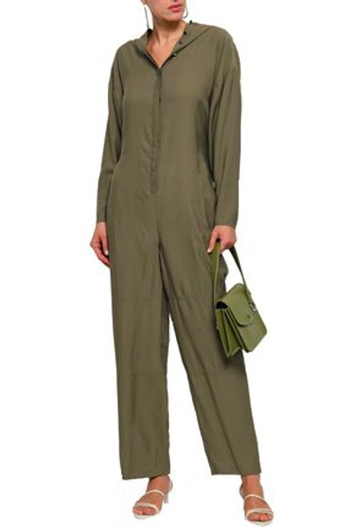 Shop Tibi Woman Cutout Twill Hooded Jumpsuit Army Green