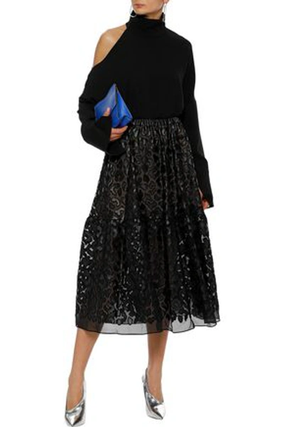 Shop Stella Mccartney Animalier Faux Leather-appliquéd Chiffon Midi Skirt In Black