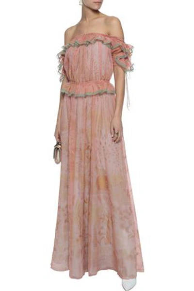 Shop Valentino Woman Off-the-shoulder Ruffled Printed Silk-chiffon Gown Antique Rose