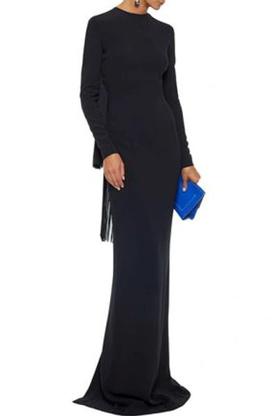 Shop Stella Mccartney Woman Mesh-paneled Fringe-trimmed Crepe Gown Black