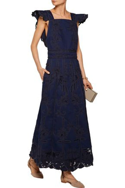Shop Valentino Crochet And Denim Maxi Dress In Dark Denim
