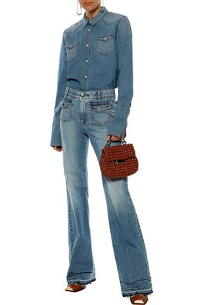 Shop Stella Mccartney Woman Frayed Faded High-rise Bootcut Jeans Mid Denim