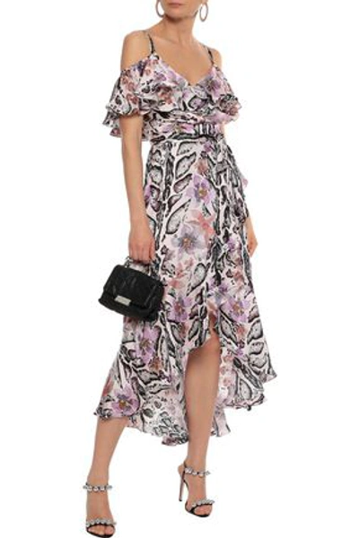 Shop Temperley London Woman Safari Cold-shoulder Printed Hammered-silk Midi Dress Blush