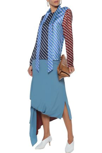Shop Tibi Woman Draped Striped Color-block Silk-twill Top Navy