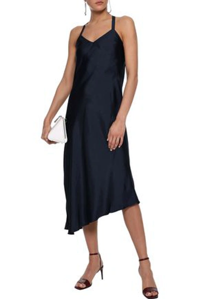 Shop Tibi Asymmetric Sateen Midi Slip Dress In Midnight Blue
