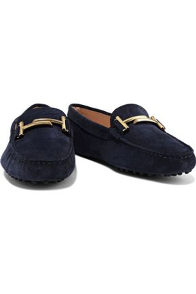 Shop Tod's Gommino Doppia Embellished Suede Loafers In Navy