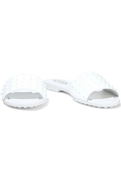 Shop Tod's Studded Quilted Patent-leather Slides In White