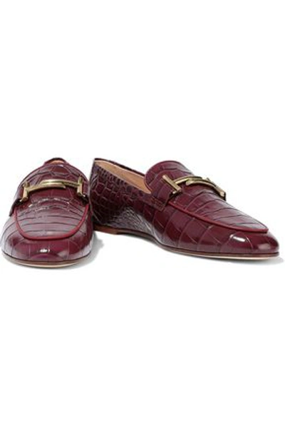 Shop Tod's Double T Embellished Croc-effect Leather Loafers In Grape