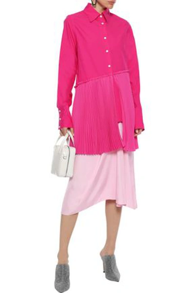 Shop Tome Woman Layered Pleated Crepe De Chine-paneled Cotton-poplin Shirt Bright Pink