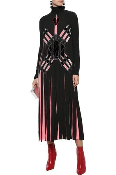 Shop Valentino Appliquéd Pleated Silk Crepe De Chine Turtleneck Midi Dress In Black