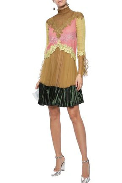 Shop Valentino Lace-trimmed Velvet-paneled Plissé Silk-chiffon Mini Dress In Mustard