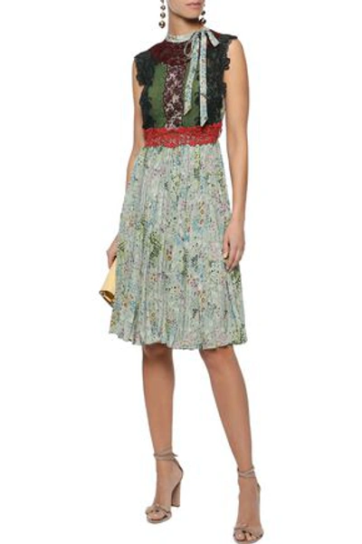 Shop Valentino Woman Lace-paneled Floral-print Silk Crepe De Chine Dress Light Green