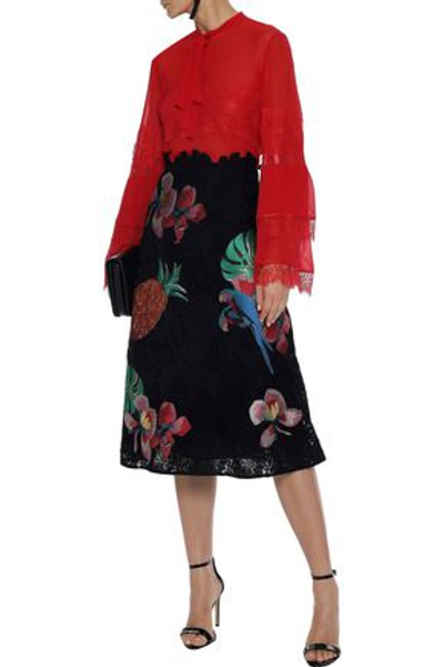Shop Valentino Appliquéd Cotton-blend Guipure Lace Skirt In Black