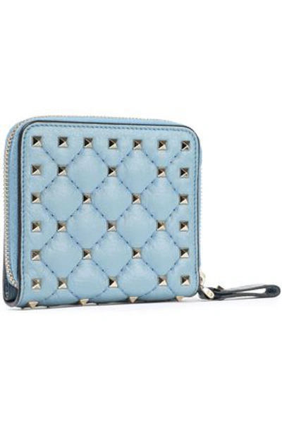 Shop Valentino Garavani Woman Rockstud Spike Quilted Textured-leather Wallet Sky Blue