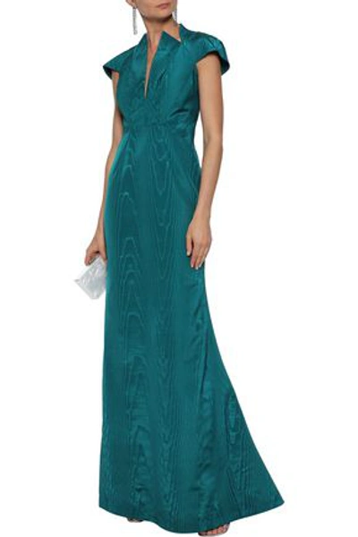 Shop Zac Posen Open-back Fluted Moire Gown In Teal