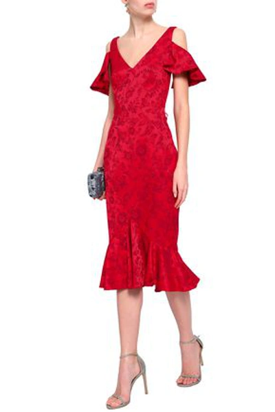 Shop Zac Posen Woman Cold-shoulder Ruffled Floral-jacquard Dress Red