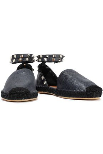 Shop Valentino Rockstud Double Pebbled-leather Espadrilles In Midnight Blue