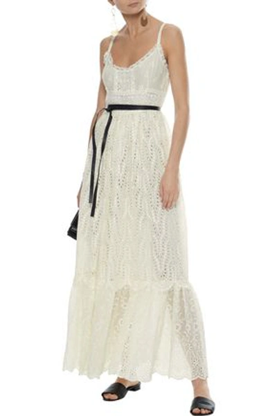 Shop Valentino Woman Belted Leather-trimmed Broderie Anglaise Cotton-blend Maxi Dress Off-white