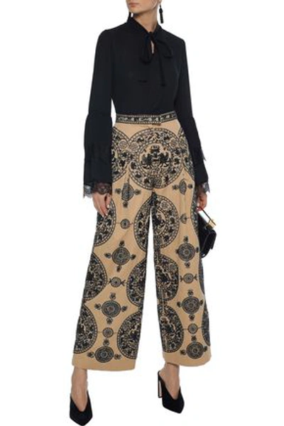 Shop Valentino Woman Bead-embellished Cotton-twill Wide-leg Pants Beige