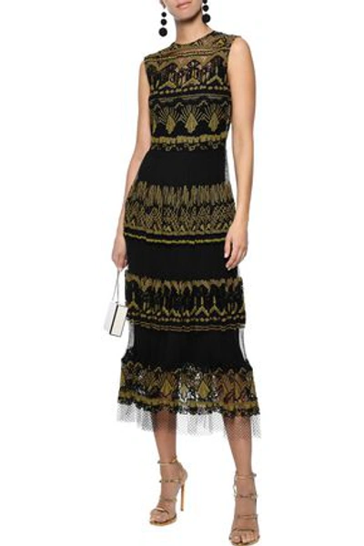 Shop Valentino Woman Embroidered Cotton-blend Fishnet Midi Dress Black