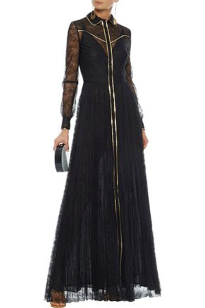 Shop Valentino Metallic Leather-trimmed Silk-lace Gown In Black