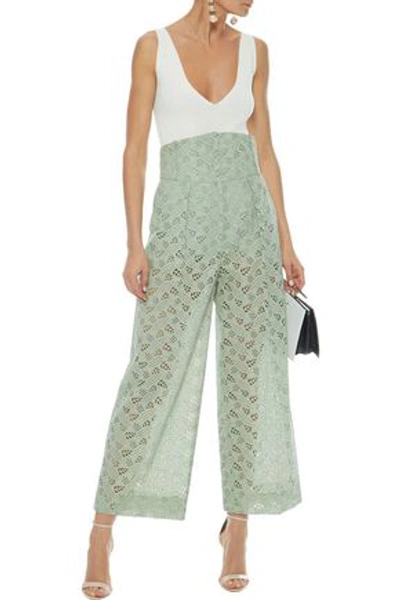 Shop Valentino Woman Broderie Anglaise Cotton Wide-leg Pants Mint