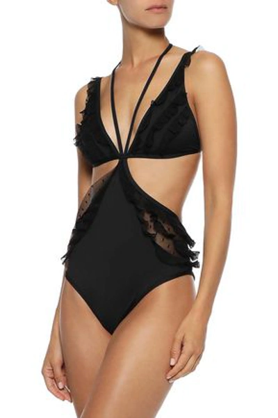 Shop Zimmermann Juno Point D'esprit-trimmed Cutout Swimsuit In Black