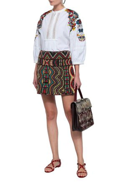 Shop Valentino Beaded Embroidered Mesh Mini Skirt In Brown