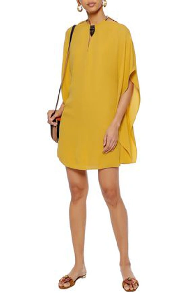 Shop Valentino Woman Draped Embellished Stretch-silk Crepe De Chine Mini Dress Saffron