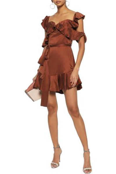 Shop Zimmermann Woman Cold-shoulder Ruffled Silk-satin Mini Dress Light Brown
