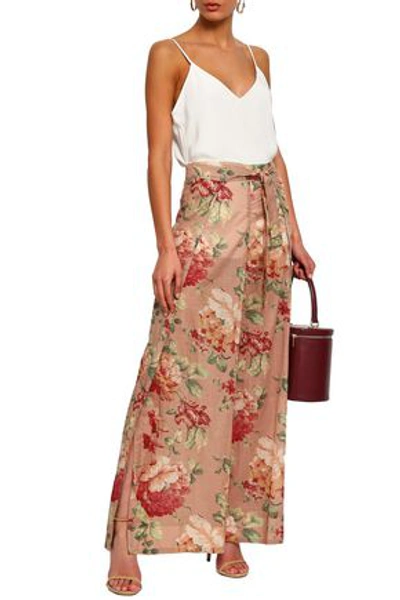 Shop Zimmermann Belted Floral-print Cotton Wide-leg Pants In Antique Rose