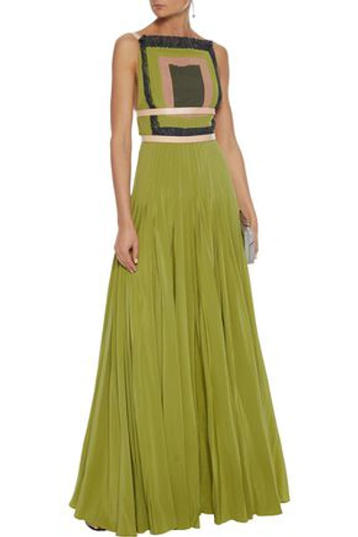 Shop Valentino Woman Open-back Leather-trimmed Pleated Silk Crepe De Chine Gown Sage Green