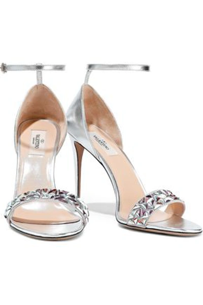 Shop Valentino Garavani Woman Crystal-embellished Suede And Metallic Leather Sandals Silver
