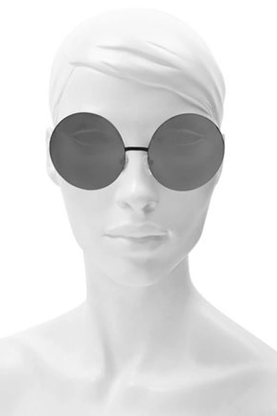 Shop Victoria Beckham Woman Feather Round-frame Metal And Printed Acetate Mirrored Sunglasses Black