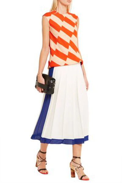 Shop Victoria Beckham Woman Georgette-trimmed Pleated Crepe Midi Skirt White