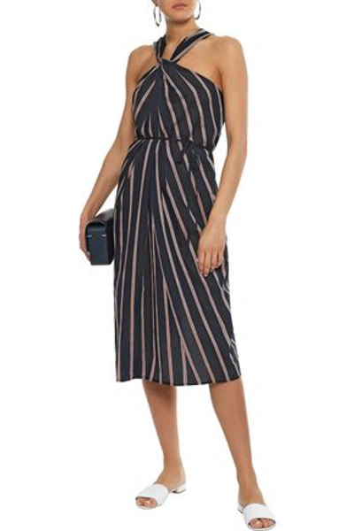Shop Vince . Woman Twist-front Striped Voile Midi Dress Navy