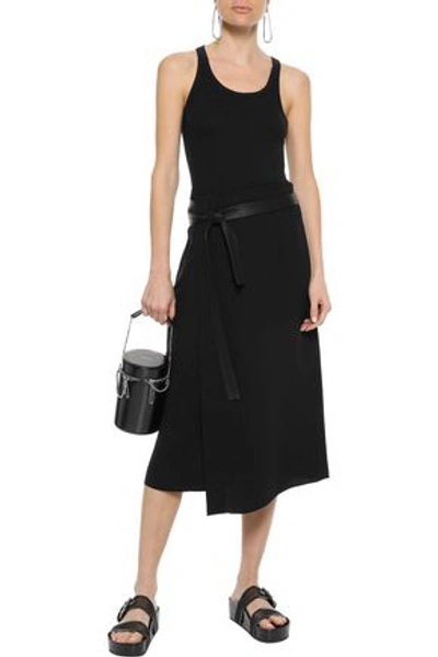 Shop Vince . Woman Faux Leather-trimmed Cady Midi Wrap Skirt Black