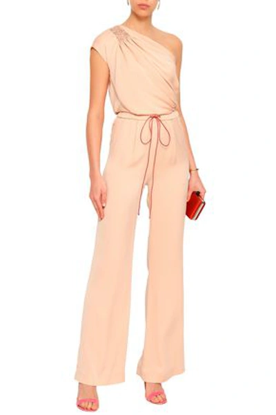 Shop Vionnet Woman One-shoulder Smocked Stretch-silk Jumpsuit Blush