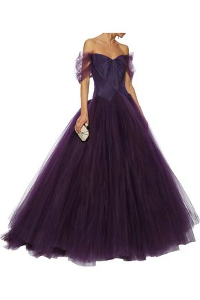 Shop Zac Posen Woman Off-the-shoulder Duchesse Silk-satin And Tulle Gown Purple