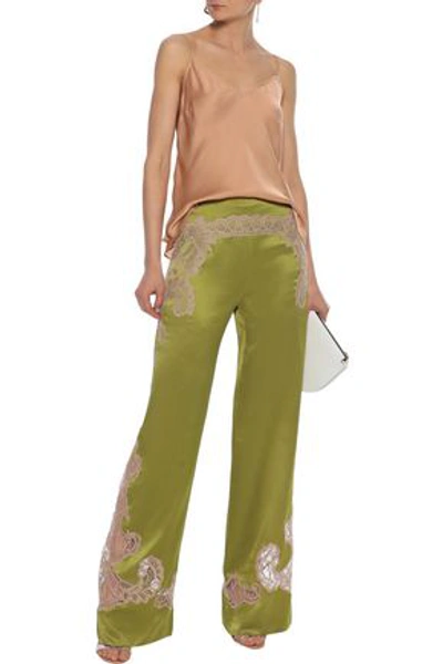 Shop Alberta Ferretti Woman Lace-appliquéd Silk-charmeuse Wide-leg Pants Sage Green