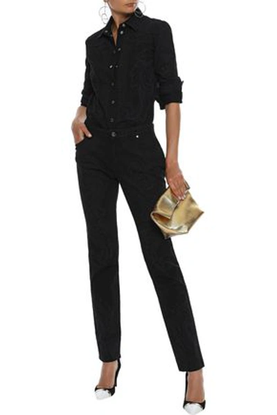 Shop Versace Collection Woman Printed Mid-rise Slim-leg Jeans Black